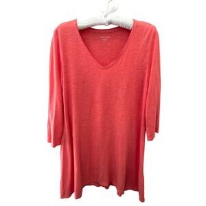 EILEEN FISHER Coral Orange Hemp Cotton V Neck 3/4 Sleeve Tunic Top | Medium